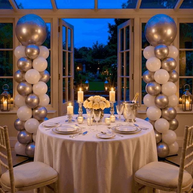Elegante ballondecoratie voor huwelijksjubileum met gouden en zilveren pilaren