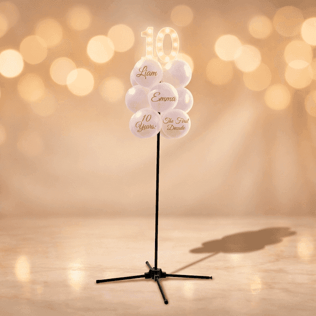 Roze goud en witte staande ballontros met gloeiende LED-cijfers 10 als topper, op een donkere achtergrond