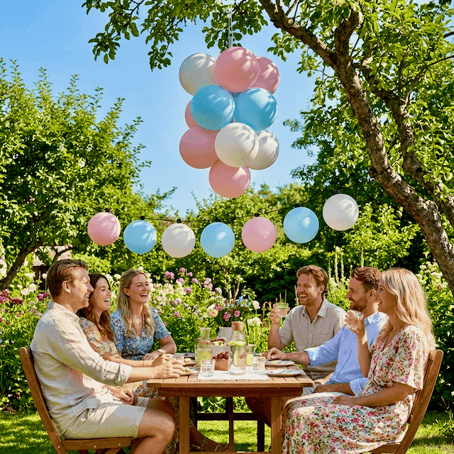 Pastelkleurige jubileumdecoratie in tuin bij zomers huwelijksjubileum feest met zonneschijn