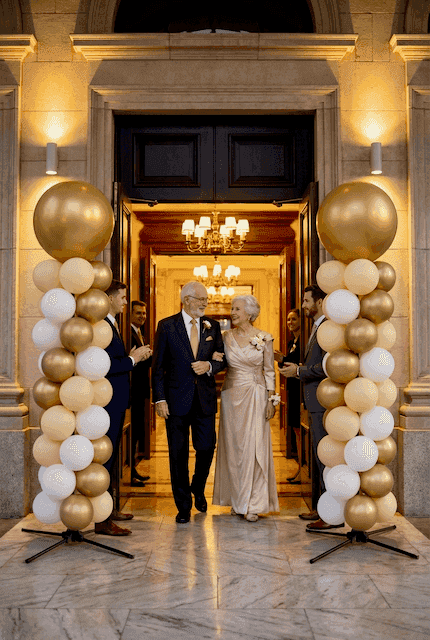 Gouden ballonpilaren bij feestlocatie entree voor 50 jaar getrouwd gouden bruiloft viering