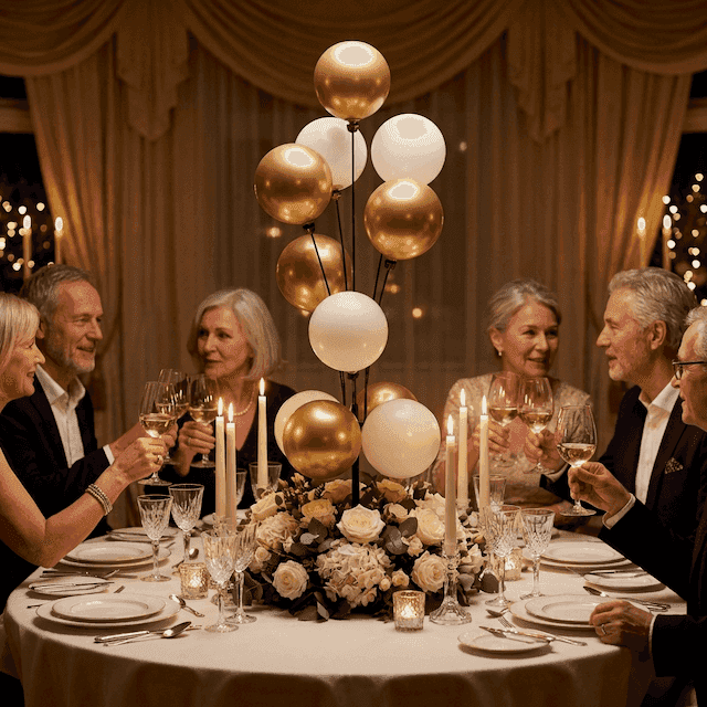 Gouden en witte ballonfonteinen als elegante tafeldecoratie bij intiem jubileumdiner met kaarslicht