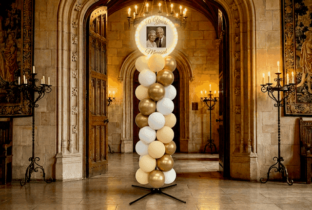 Zilvere ballonpilaar met rond topboard met jubileum namen en foto, geplaatst in een elegant verlichte feestzaal