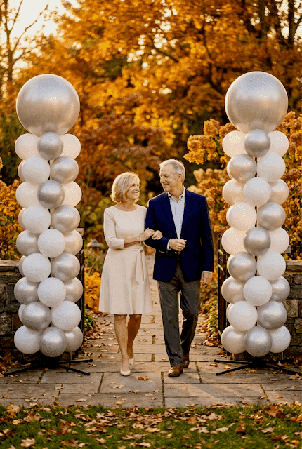 Zilveren en witte ballonpilaren bij buitenentree voor 25 jaar getrouwd viering in tuin bij herfstlicht