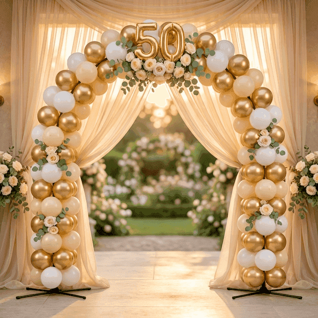 PilaMania ballonnenboog versierd voor 50 jaar getrouwd gouden bruiloft met gouden lint, champagne organza en crèmewitte rozen