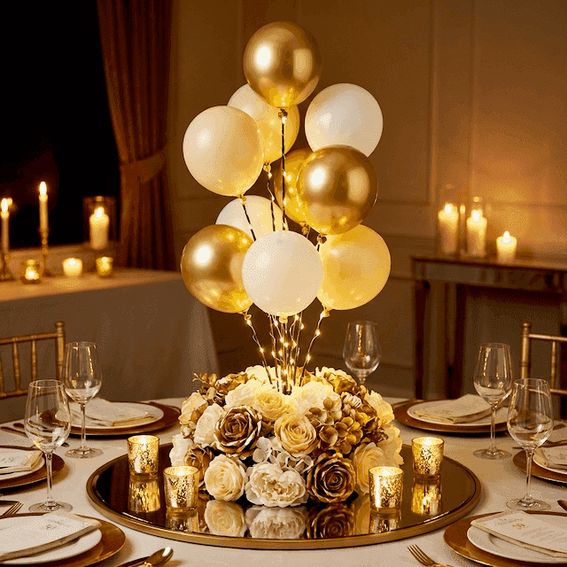 PilaMania ballon signagedisplay als gouden centerpiece met LED-lichtjes en gouden bloemen voor 50 jaar getrouwd gouden bruiloft