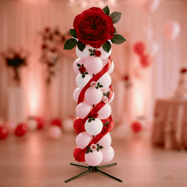 PilaMania ballonpilaar versierd voor 10 jaar getrouwd rozen bruiloft met rode rozen, rood satijnen lint en rozenknoppen