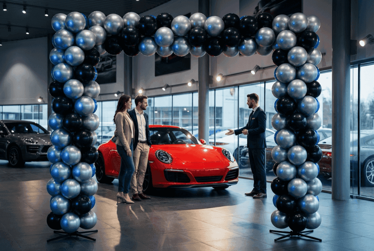 PilaMania ballonpoort bij autoshowroom met klanten die nieuwe auto bewonderen