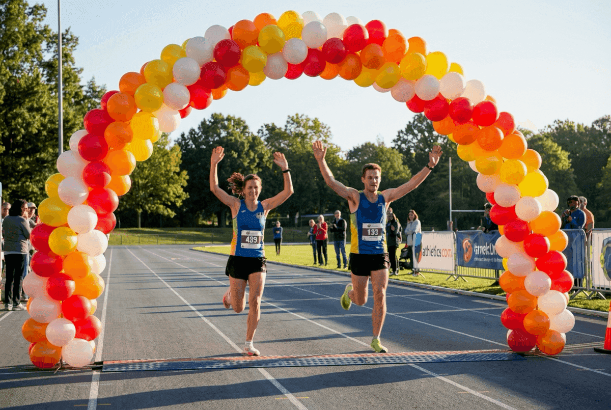 PilaMania ballonnenboog als finish lijn bij hardloopevenement met deelnemers