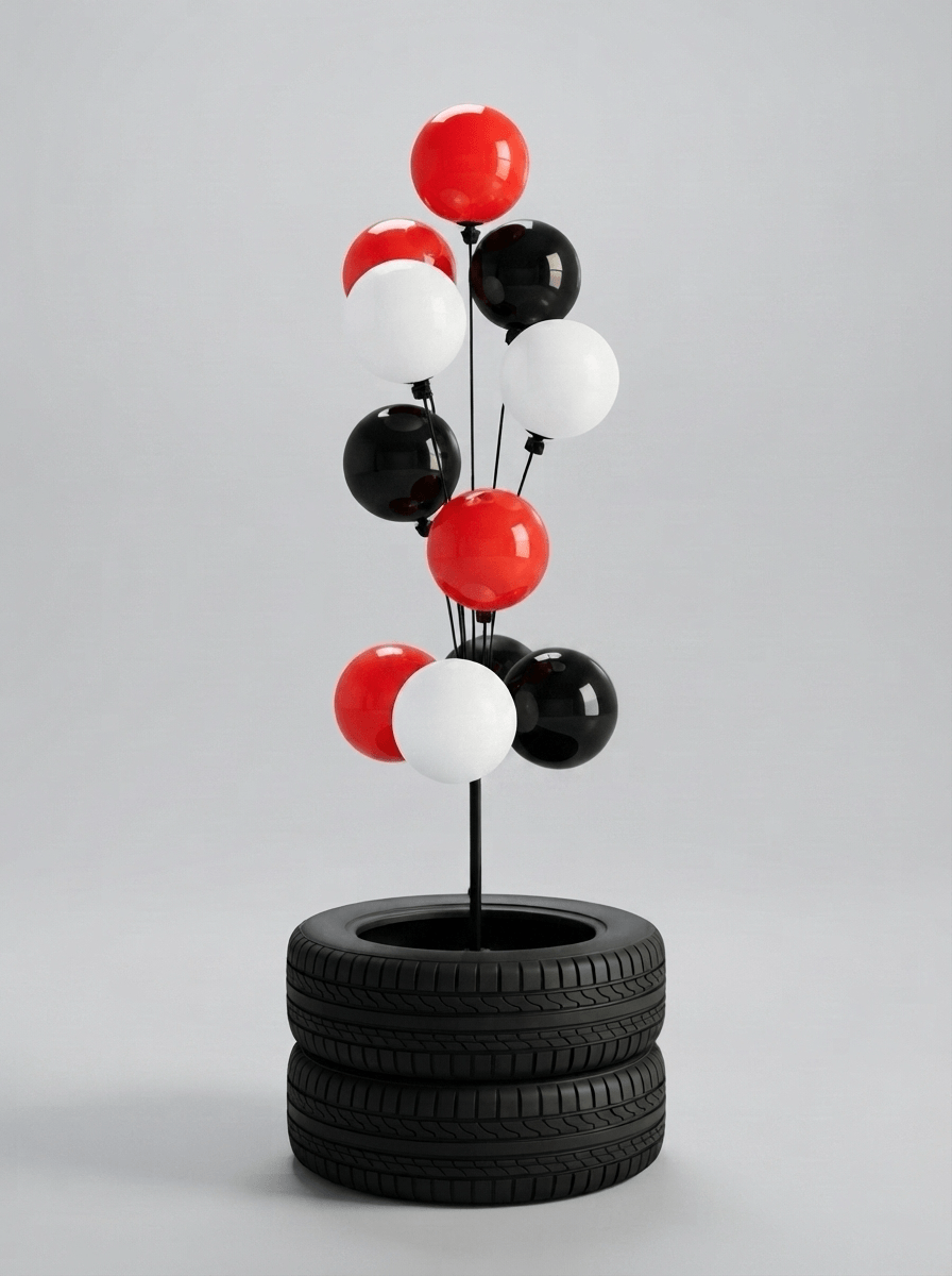 Autobanden om de X-voet van een ballonnenpilaar
