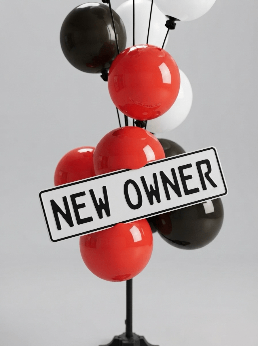 Kentekenplaat met de tekst ‘nieuwe eigenaar’ onder aan een auto
