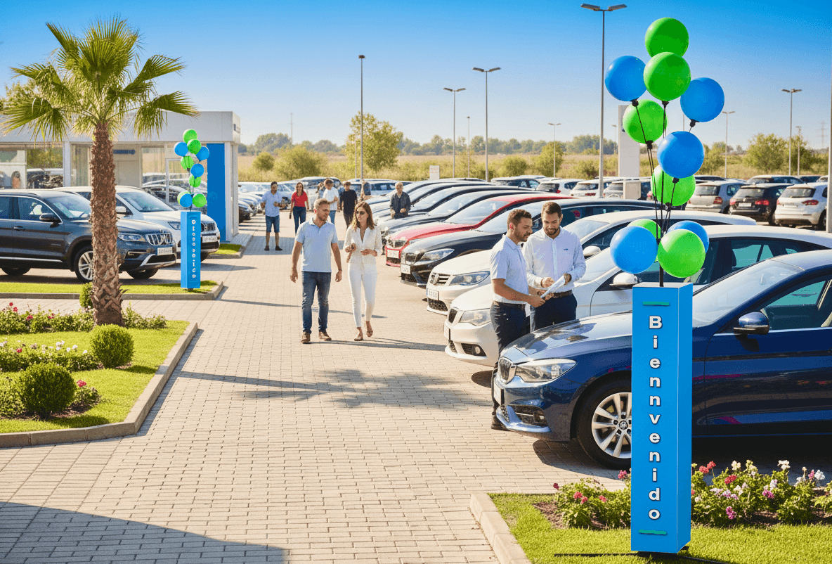 Twee ballonzuilen met blauwe en groene ballonnen op een zonnig occasionterrein vol auto’s