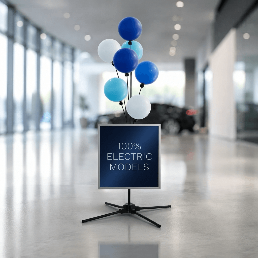 Ballon stoepbord met blauwe en witte ballonnen boven een paneel met de tekst 100% Electric Models, in een autoshowroom