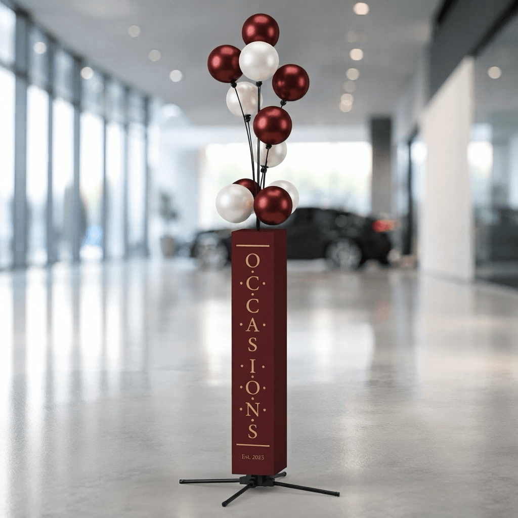 Ballon stoepbord met een bordeauxrode polecover met de tekst Occasions en bordeauxrode en witte ballonnen, in een autoshowroom