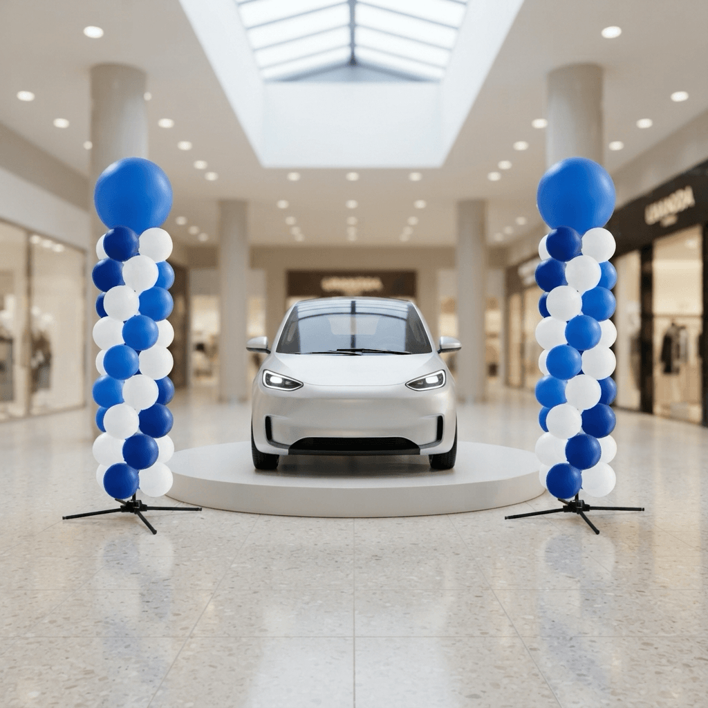Twee blauw-witte ballonnenpilaren met topbal naast een witte elektrische auto op een podium in een winkelcentrum