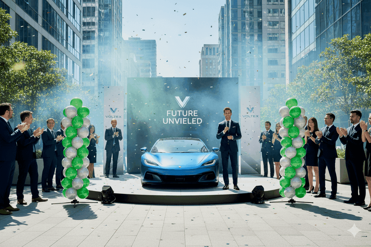 Twee ballonnenpilaren in merkkleuren naast een nieuw automodel op een podium in de showroom