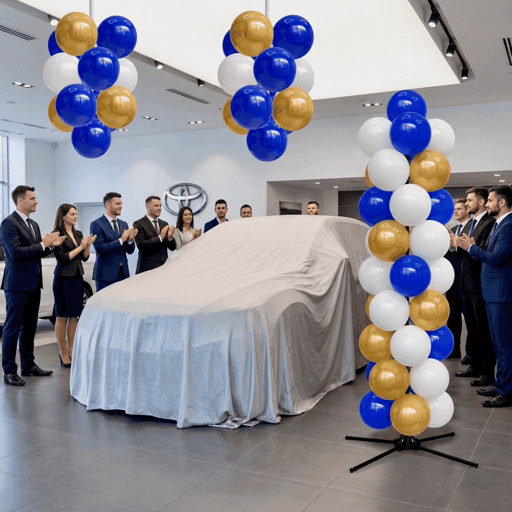 Ballonnenpilaren in merkkleuren naast een nieuwe auto op een podium in een autoshowroom