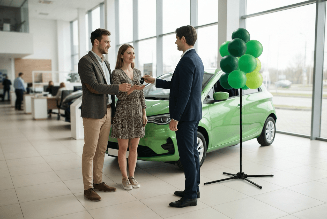 Verkoper overhandigt de autosleutel aan een echtpaar naast een groene elektrische auto en een groene ballontros in de showroom