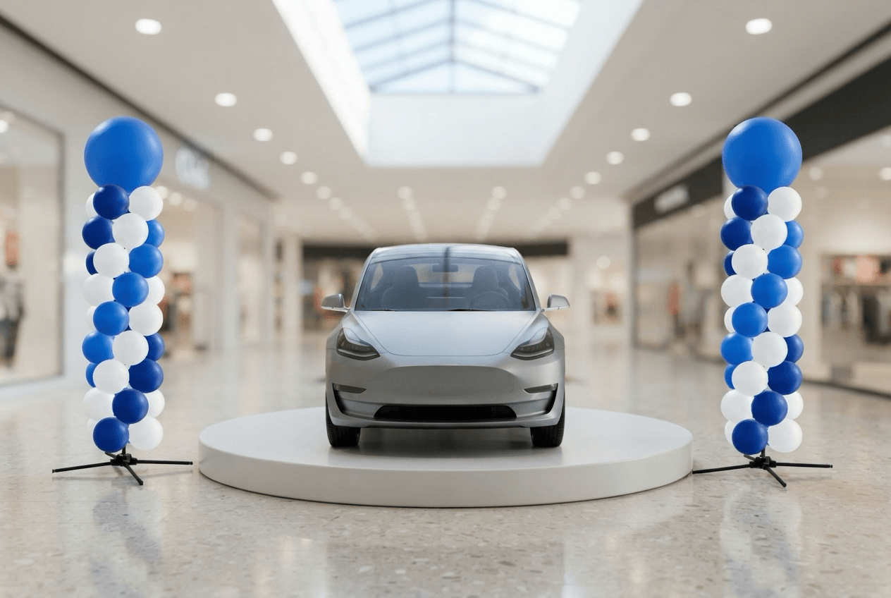 Twee ballonnenpilaren met topbal in blauw en wit naast een zilveren elektrische auto op een rond podium