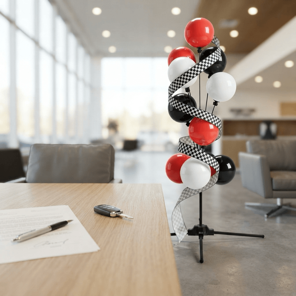 Getekend contract met pen en autosleutel op een bureau, met een rood-zwart-witte ballontros met geblokt lint ernaast