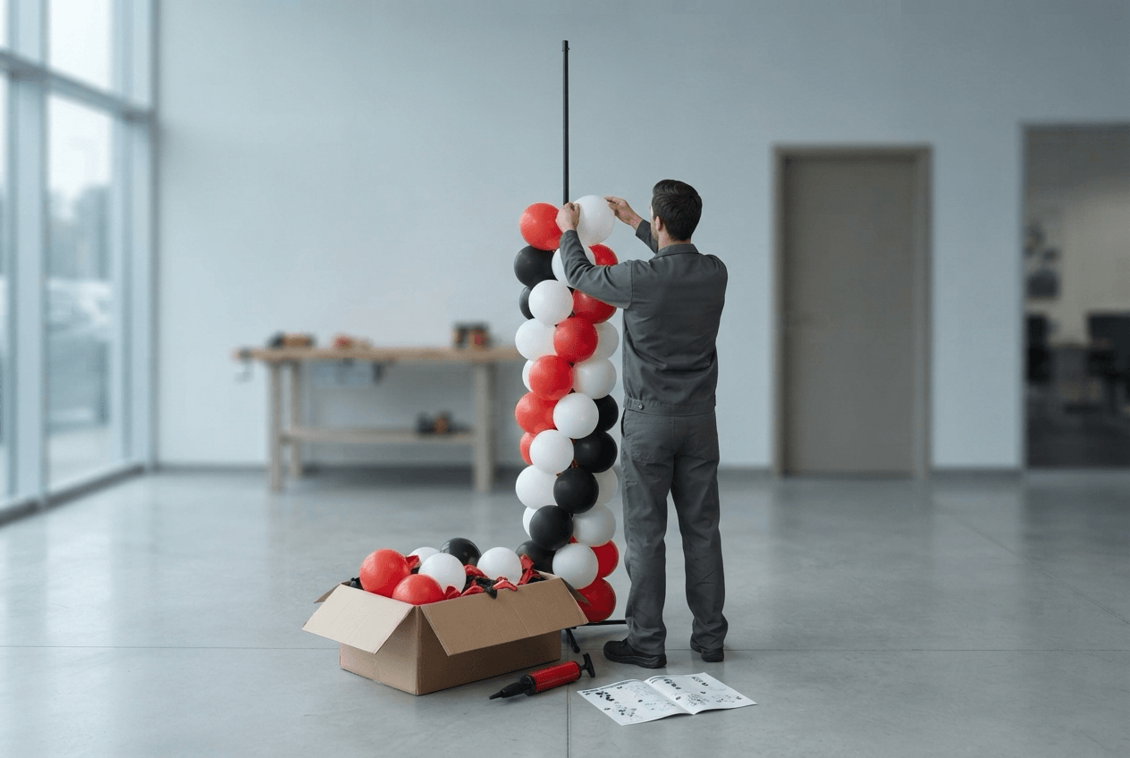 Een medewerker bouwt een ballonnenpilaar op in rood, zwart en wit, met de doos en de handleiding op de vloer