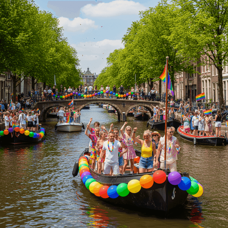 Regenboog ballondecoratie op Canal Pride boot in Amsterdamse grachten