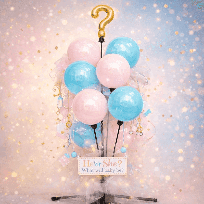 Gender reveal ballonfontein met roze en blauwe ballonnen en gouden vraagteken topper