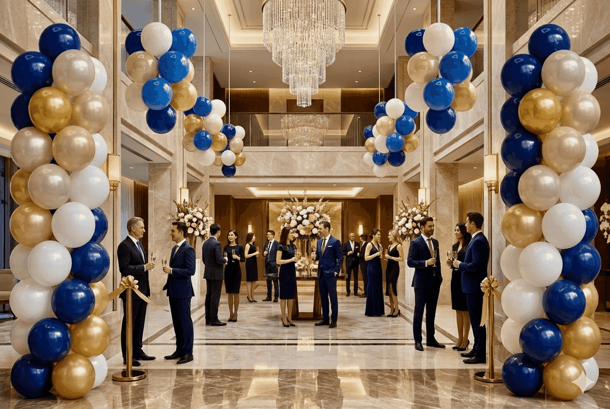 Stijlvolle ballondecoratie in luxe hotellobby