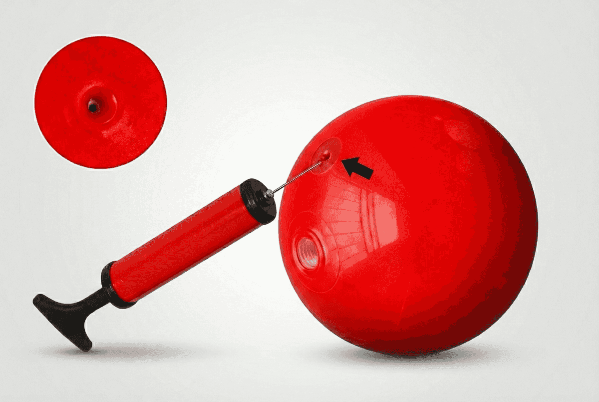 Ballenpomp met naald gericht op het ventiel van een rode PVC bal, met detail van het ventiel
