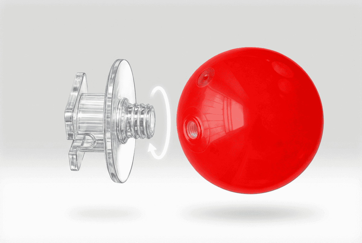 Transparante DecorModule connector wordt op de schroefdraad van de PVC bal gemonteerd