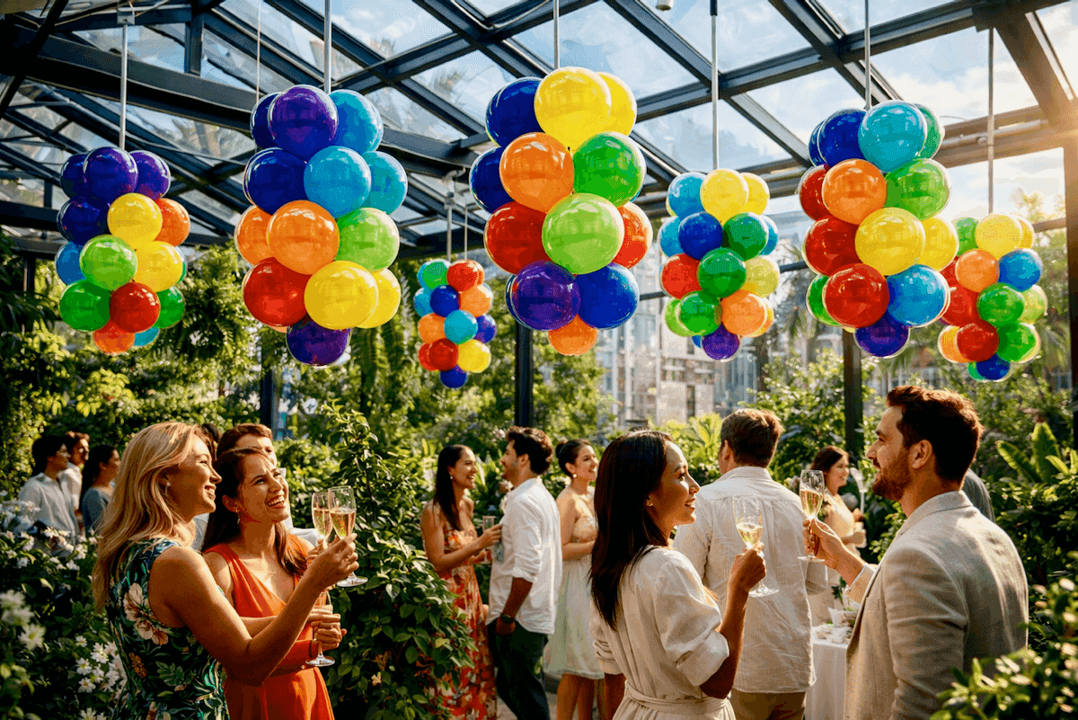 Witte en groene ballondecoratie met botanische accenten voor bruiloft