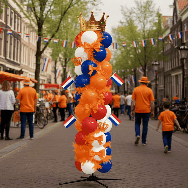 Feestelijke oranje-blauw-witte Koningsdag ballonpilaar met kroon op straat tijdens volksfeest
