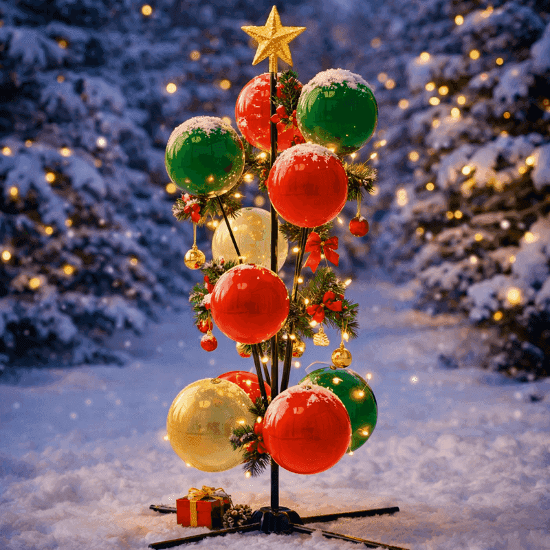 Kerstballonfontein in rood groen en goud met ster topper in winterse sneeuwsetting