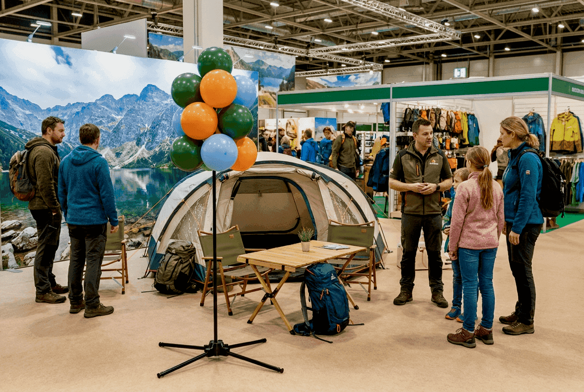Staande ballontros in bedrijfskleuren naast beursstand trekt bezoekers