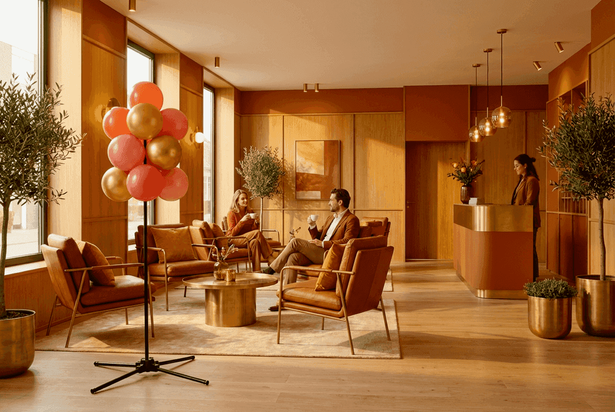 Kleurrijke ballontros hangt aan plafond in moderne hotellobby