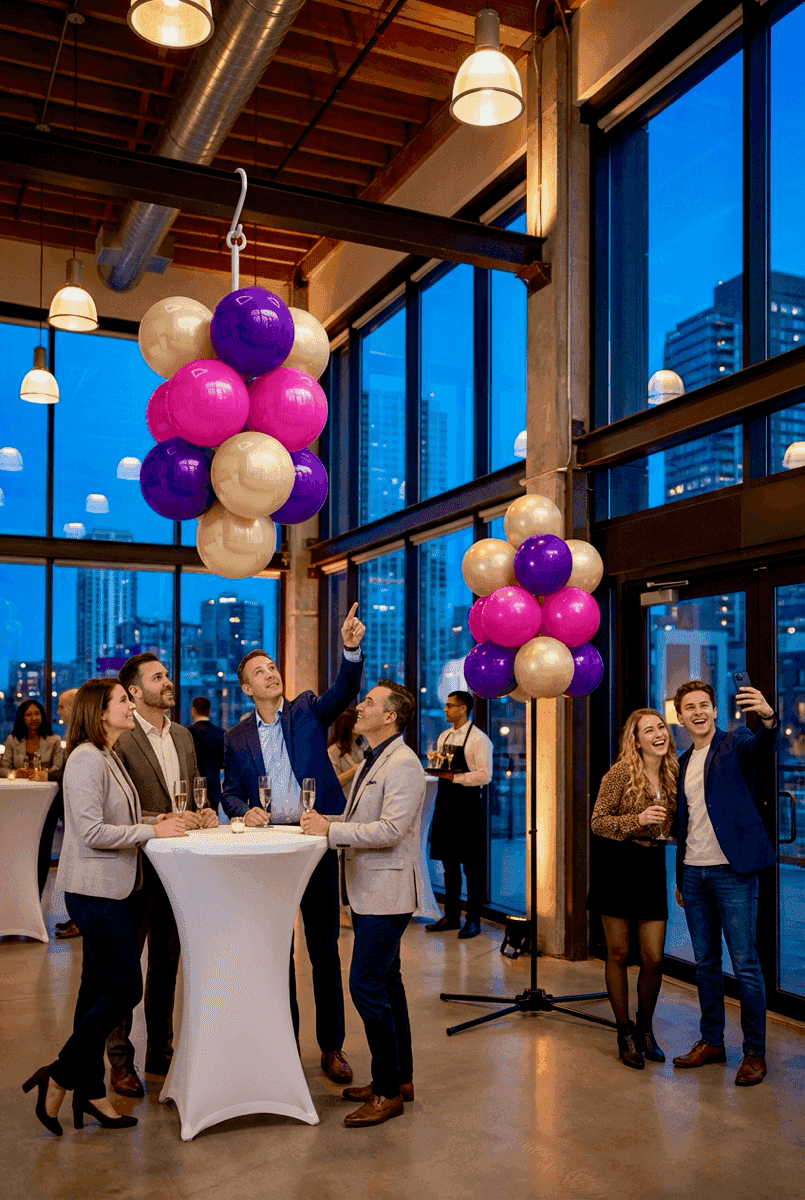 PilaMania ballontros in regenboogkleuren, getoond in zowel hangende als staande configuratie