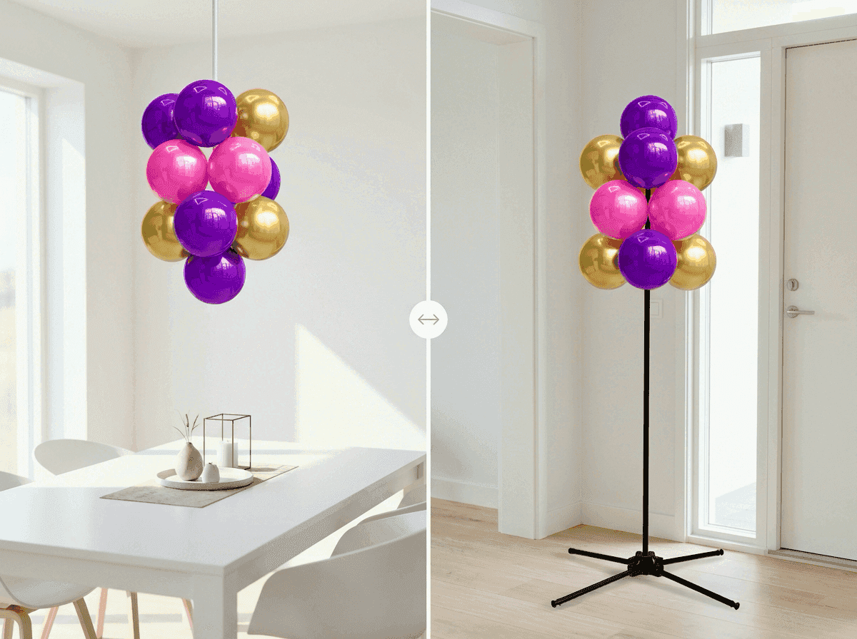 PilaMania ballontros getoond in beide configuraties: hangend en staand