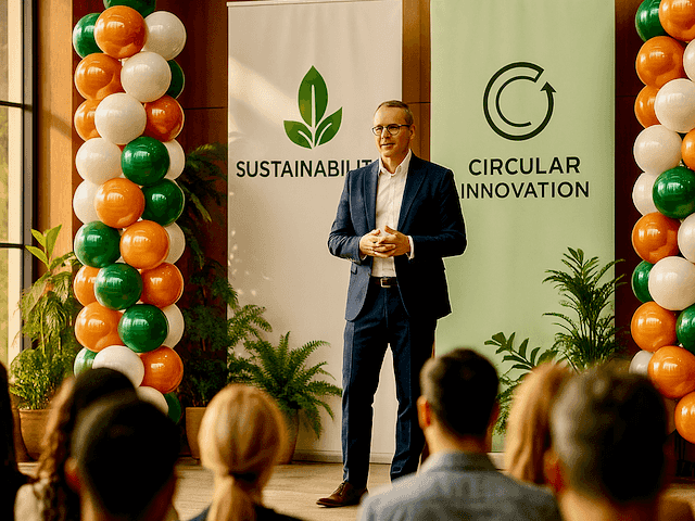 Ballonpilaar op professioneel event podium tijdens diploma-uitreiking of seminar, met spreker en publiek zichtbaar voor schaalgevoel