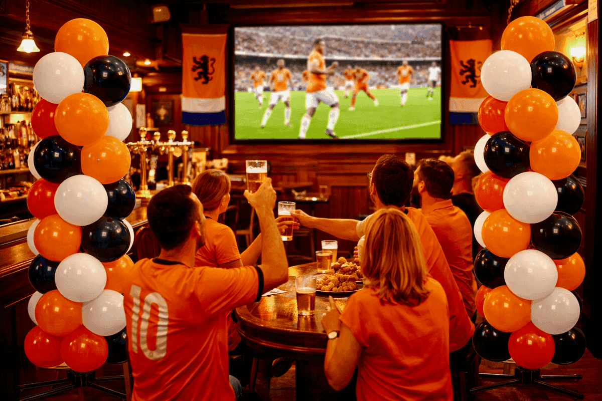 Oranje ballonpilaren voor horeca voetbaldecoratie