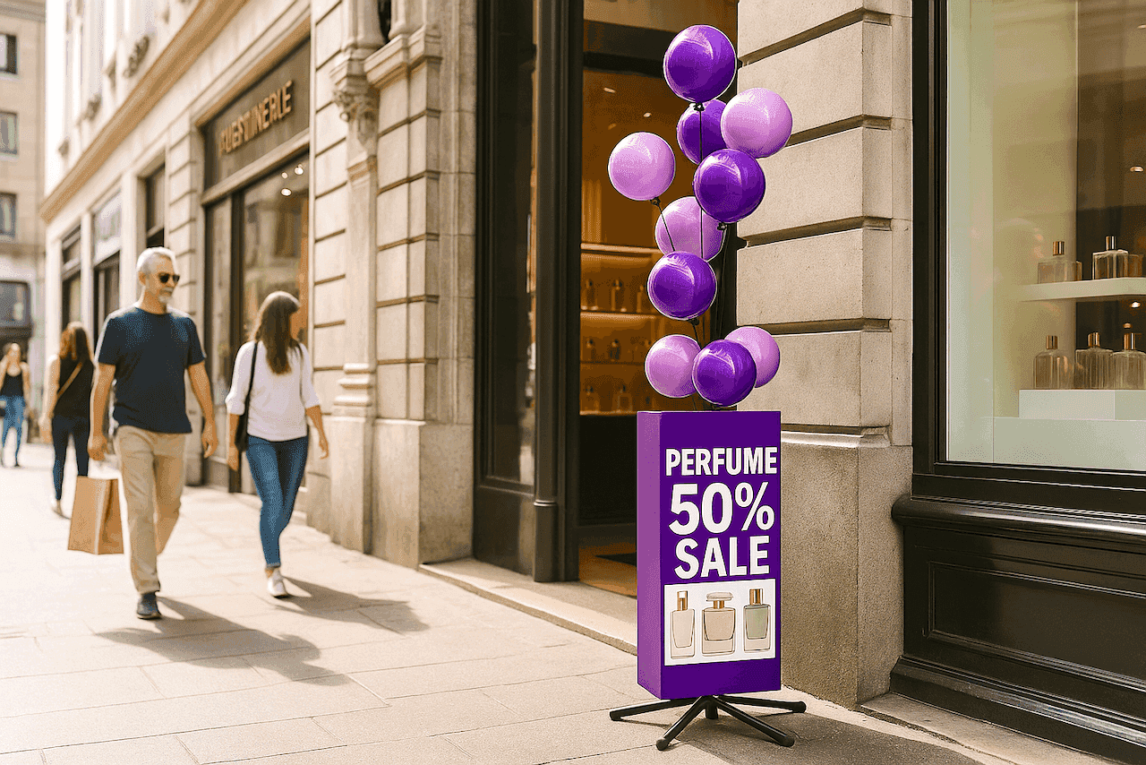 Ballon signagedisplay met pole cover in een retail setting