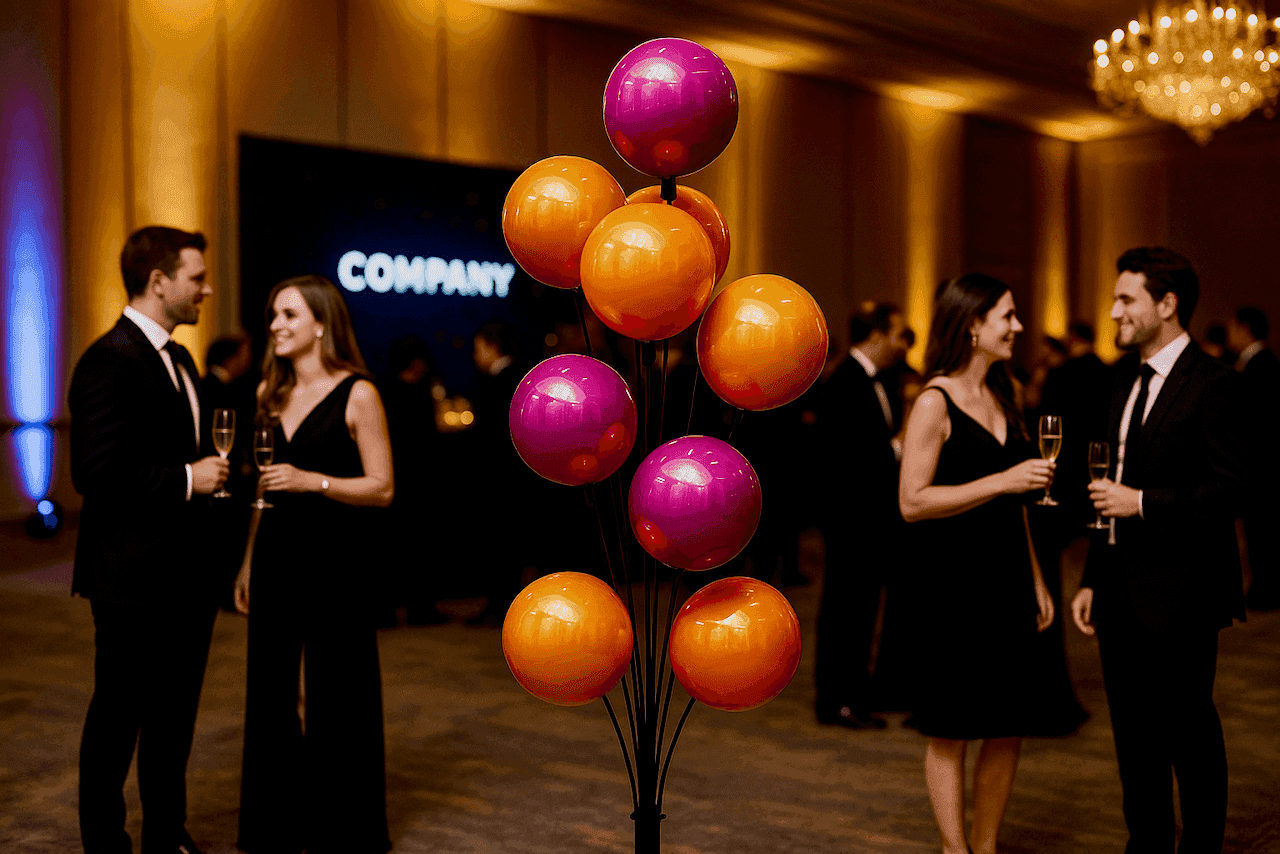 Ballon signagedisplay versterkt luxe sfeer tussen elegante gala bezoekers.