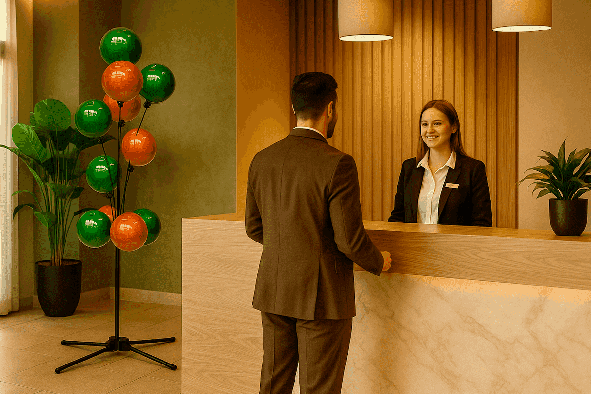 Subtiel ballon signagedisplay bij receptiedesk voor professionele first impression decoratie