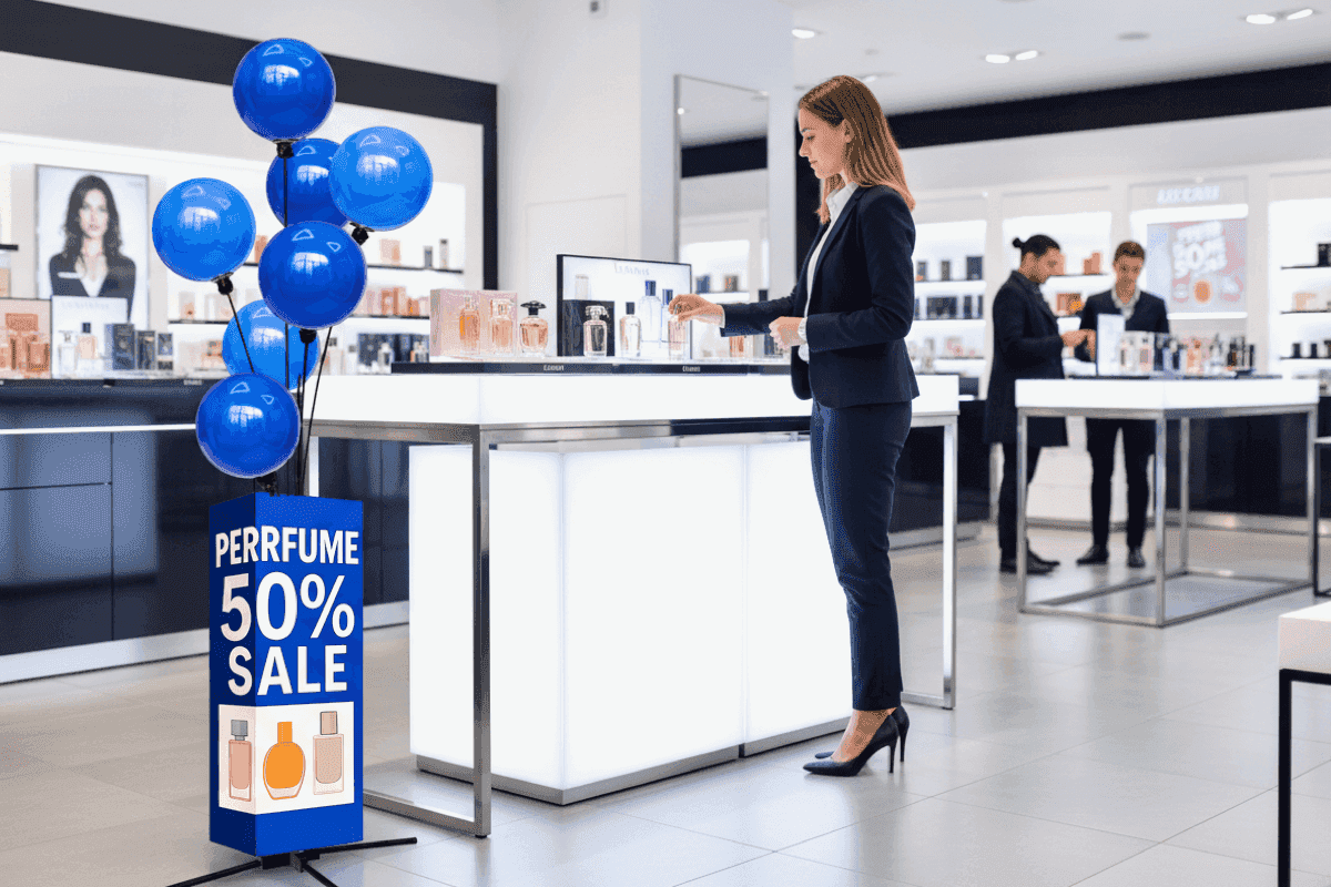 Ballon signagedisplay als elegante retail signing bij producten, point-of-purchase decoratie met mobiele setup