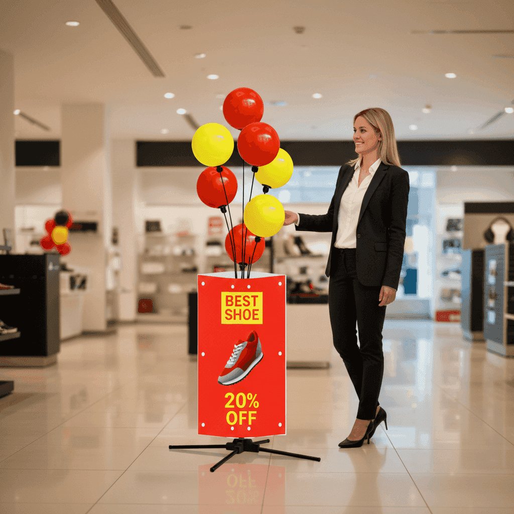 Collage van professionals die PilaMania ballon signagedisplays gebruiken in diverse settings: retail displays, events en showrooms, toont transformatie naar operationele rust