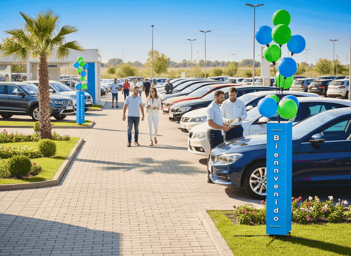 Een ballon signagedisplay staat stevig buiten bij een autodealer in de brandende zon