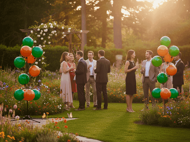 PilaMania ballon signagedisplay in outdoor setting, symboliseert duurzame decoratie die herbruikbaar is zonder plastic afval