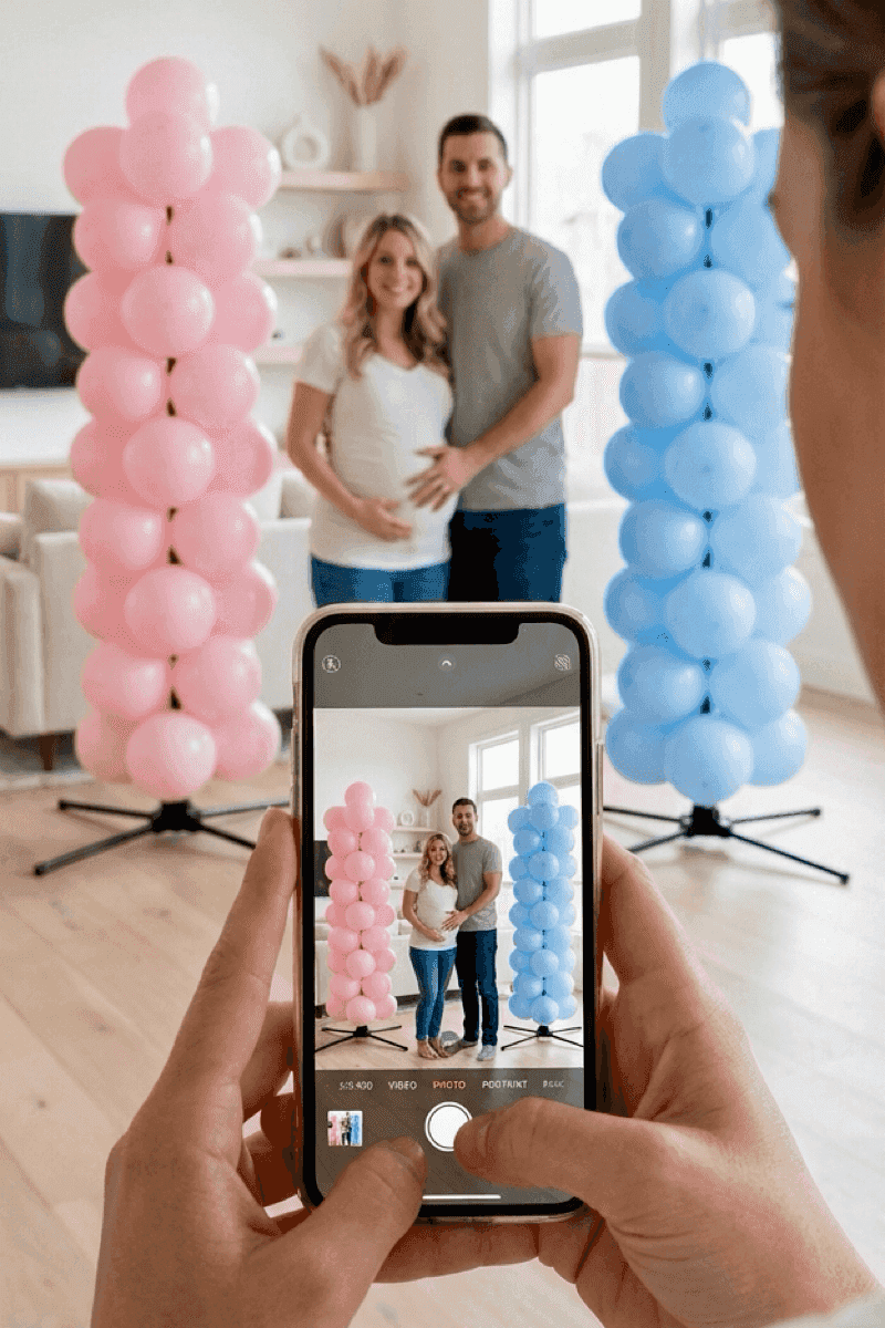 Prachtige Instagram-worthy foto van gender reveal met ballondecoratie