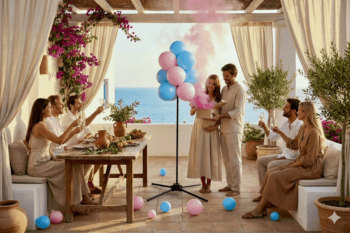 Roze en blauwe ballondecoratie voor gender reveal feest