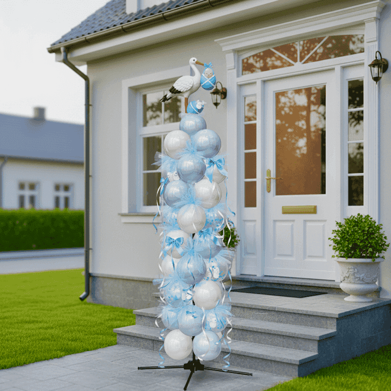 Elegante lichtblauwe ballonpilaar bij witte voordeur als welkom voor gender reveal gasten