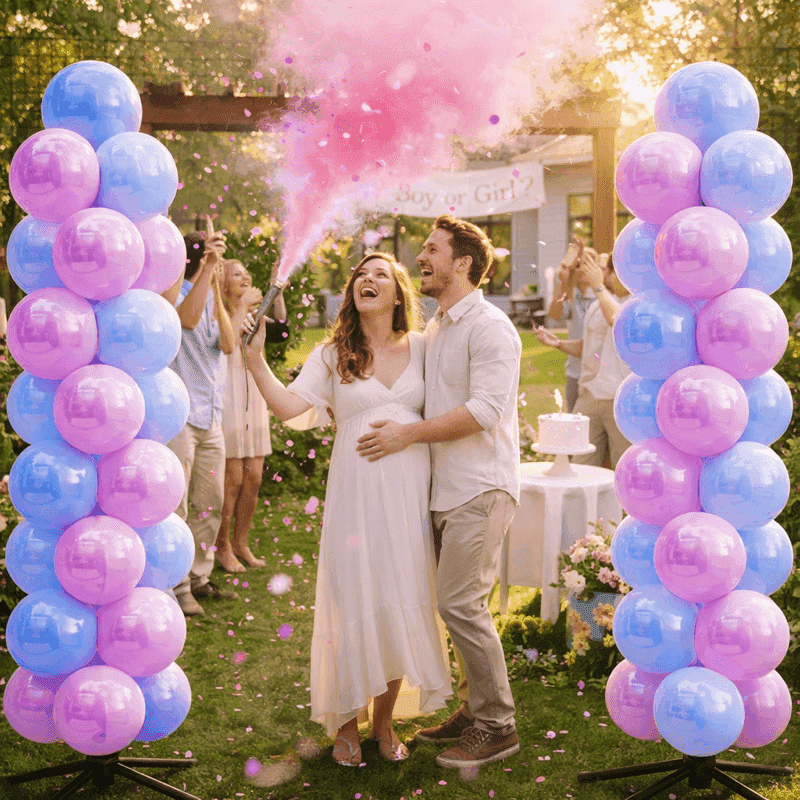 Spectaculaire gender reveal met roze rookkanon en roze-blauwe ballonboog in tuin
