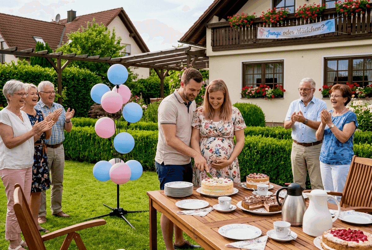 Zomerse gender reveal in tuin met ballontros, applaudisserende familie en taart